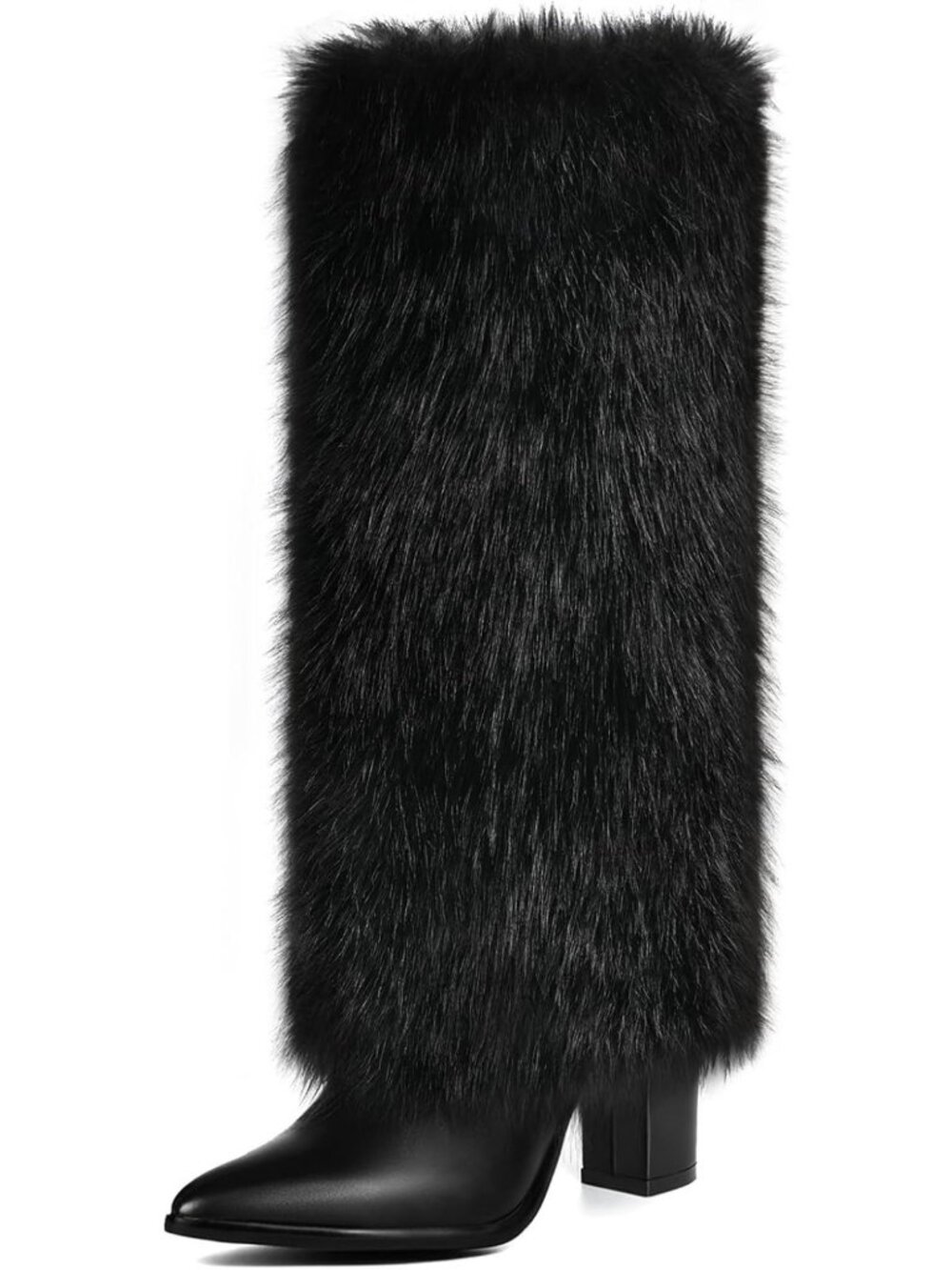 Furry Knee High Heel Boots with Pointed Toe & Side Zip - Winter Snow Footwear